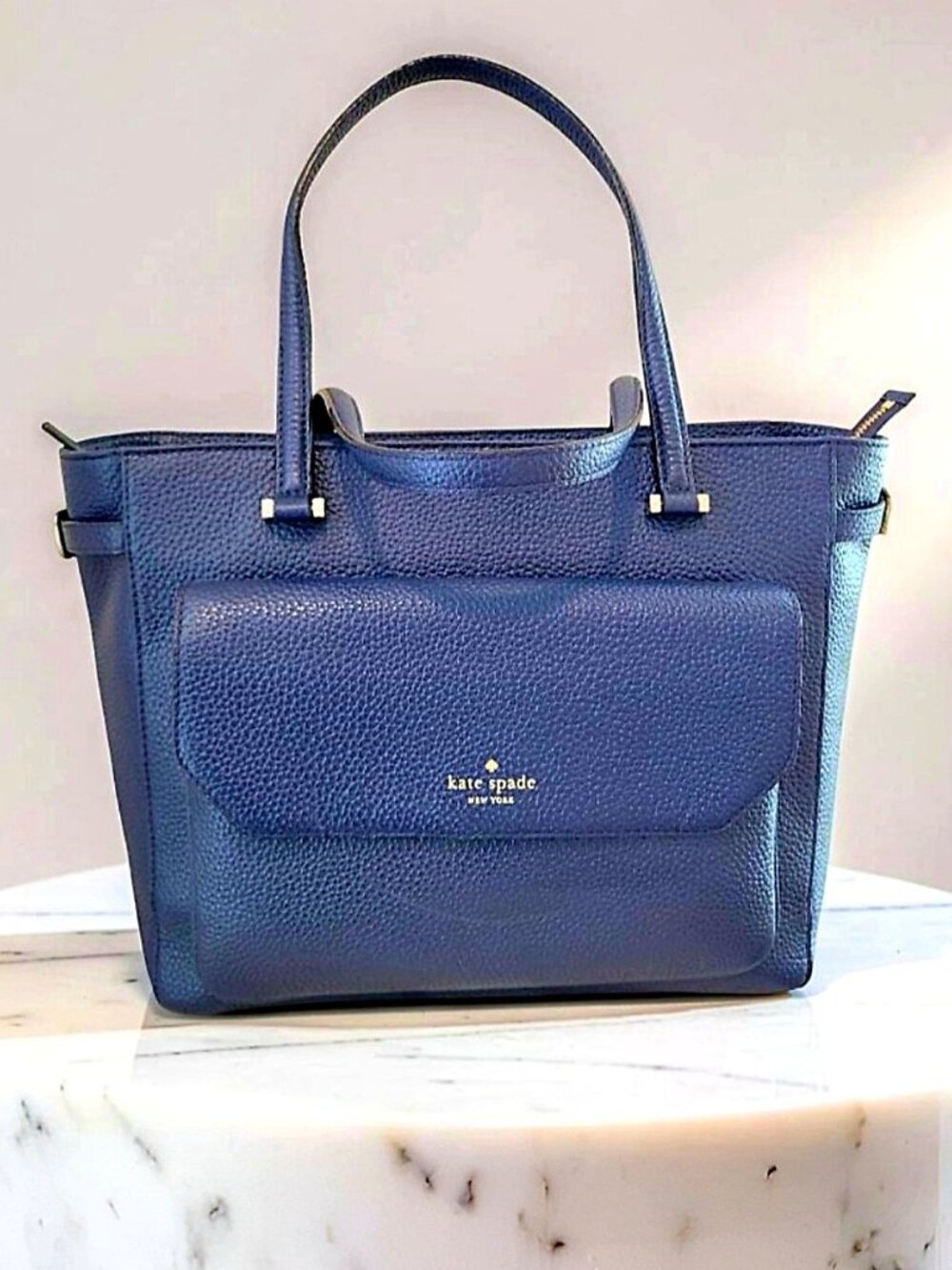 KATE SPADE NEW YORK NAVY PEBBLE LEATHER SATCHEL TOTE BAG NWT